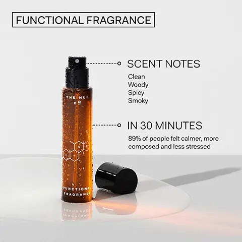 Image 1, FUNCTIONAL FRAGRANCE THE NUE SCENT NOTES Clean Woody Spicy Smoky IN 30 MINUTES 89% of people felt calmer, more composed and less stressed FUNCTIONA FRAGRANCE. Image 2, FUNCTIONAL FRAGRANCE Green Palo Santo Cardamon + Coriander Iris