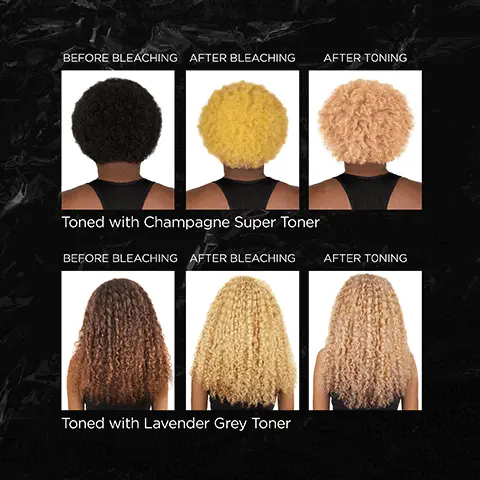 Image 1: before and after model shots before bleaching, after bleaching and after toning model shots. Image 2:  How many kits do you need? 1 kit root growth and very short hair, 2/3 inch long. 2 kits shoulder length hair and short boys hair. 3 kits long afro hair, long European hair