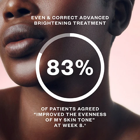 Image 1, even and correct advanced brightening treatent. 83% of patients agreed improved the evenness of my skin tone at week 8. image 2, even and correct advanced brightening treatment, baseline and at week 4. image 3, even and correct advanced brightening treatment, baseline and at week 12