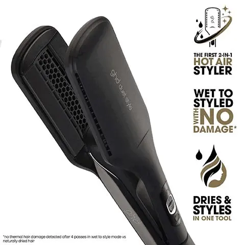 Image 1, the first 2 in 1 hot air styler, wet to styles with no damage, dries and styles in one tool. Image 2, 2 times more shine.