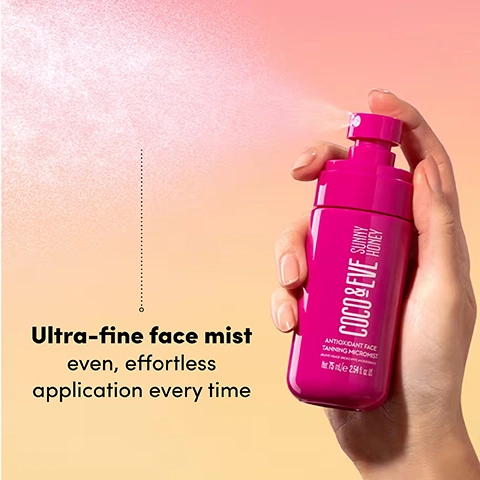 Image 1 - A hand holds a fuchsia spray bottle labeled Coco & Eve Sunny Honey Antioxidant Face Tanning Micromist, spraying a fine mist to the left, with text on the left reading Ultra-fine face mist even, effortless application every time. Image 2 - A womans face is shown in a split image with the left side labeled Before displaying her fair skin and the right side labeled After showing her with a golden tan, against a background of blue sky and palm trees. Image 3 - A pink Coco & Eve Sunny Honey antioxidant face tanning micromist spray bottle mists above a watermelon slice with its cap floating above it, on a pink and orange background, alongside text that reads Tanning mist technology meets skin-loving antioxidants! Image 4 - A blonde woman with a tan, wearing a pink swimsuit, holds a pink spray bottle against a blue sky with palm trees, displaying bottle text COCO & EVE ANTIOXIDANT FACE TANNING MIST BRIGHTENS HYDRATES PLUMPS FRAGRANCE FREE NET 75 ml / e 2.5 fl.oz. and overlaid text Develops into a long-lasting glow Fast absorbing & lightweight. Image 5 - A bright pink spray bottle labeled Coco & Eve Sunny Honey Antioxidant Face Tanning Micromist, Brume Visage Bronzante Antioxydante, Net 75 mL e 2.54 fl. oz. US, rests on a pile of fresh fruit including a half passionfruit, a half coconut with a water drop, and a watermelon slice, all under a blue sky, with text that reads Infused with passionfruit to moisturize & smooth skin. Image 6 - A comparison table titled Which face tan is for me? shows three product options: Anti-Aging Tanning Serum, Face Tanning Micromist, and Bronzing Face Drops; for Application, the serum is Apply directly onto skin, the micromist is Simply spritz and glow, and the drops are Mix 2-3 drops into your moisturizer; for Type of Glow, the serum offers Hydrated Glow Overnight, the micromist a Natural Glow, and the drops a Buildable Glow; for Ingredients, the serum is Formulated with niacinamide and skincare actives for a deep tan while improving skin, the micromist is Packed with antioxidant complex to reduce fine lines, and the drops contain 5 types of hyaluronic acid to boost hydration. Image 7 - A fair-skinned woman with blonde hair holds two green mangoes on her head, looking at the viewer against a blue sky, with text that reads Boosts hydration by 40% in 30 minutes *Based on ex-vivo studies of Hyalurosmooth®.