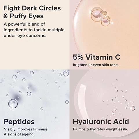 fight dark circles and puffy eyes. a powerful blend of ingredients to tackle multiple under eye concerns. 5% vitamin c brighten uneven skin tone. peptides - visibly improves firmness and signs of ageing. hyaluronic acid plumps and hydrates weightlessly.