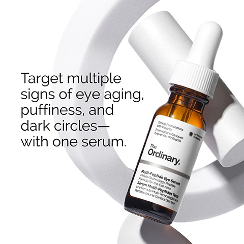 Image 1 - A brown glass bottle of serum with a dropper cap is positioned beside a white geometric shape, with text that reads Target multiple signs of eye aging, puffiness, and dark circles— with one serum.
              Image 2 - A person with short, curly hair points to their eye while wearing a plain white shirt, accompanied by text that says Apply a small amount onto the eye contour in the morning and evening.
              Image 3 - A close-up view of a smooth, translucent, water-based serum with visible bubbles and a brushstroke texture, accompanied by the text Water-based serum.
              Image 4 - A transparent plate with bubbles sits on a white background, along with a smaller dish, accompanied by text that reads significantly improves the look of under-eye wrinkle and crows-feet in just 4 weeks. Clinical testing on 48 subjects after using product 2x/day for 4 weeks.
              Image 5 - Image shows a layout detailing a skincare routine with three sections labeled PREP, TREAT, and SEAL, each containing various textured skincare products, followed by visible text that reads Cleansers, Toners, Water-based Serums, Eye Serums, Anhydrous Solutions, Oils, Suspensions, Moisturizers, and SPF.