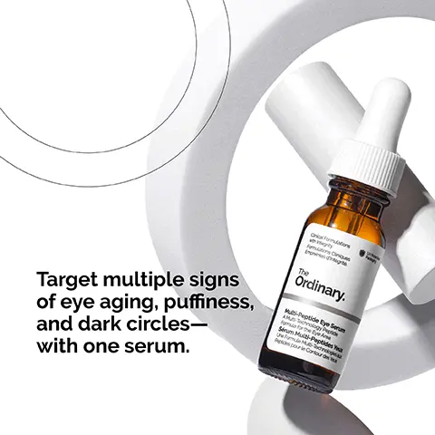 Image 1, target multiplesings of eye aging, puffiness, and dark circles with one serum. Image 2, our multiple peptide eye serum significantly improves the look of under eye wrinkles and crow's feet in just 4 weeks. Image 3, and after 8 weeks this serum reduces the look of under eye bags by half. Image 4, while reducing the look of dark circles by 53% - making your eyes area 60% brighter over time. Clinical testing on 48 subjects after using product twice daily for 4 weeks. Clinical testing on 20 subjects after using product twice daily for 8 weeks. Clinical testing on 25 subjects after using products twice daily for 8 weeks. Clinical testing on 45 subjects after using product twice a day for 8 weeks.