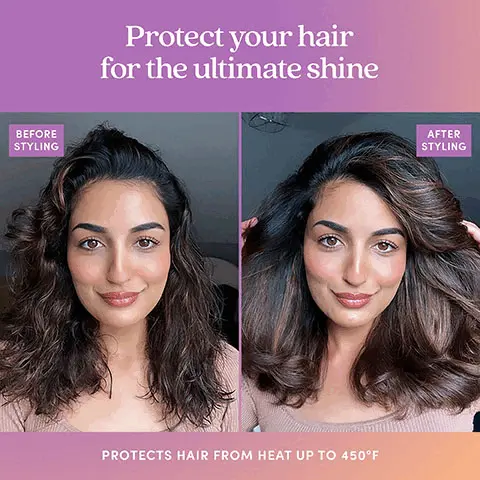 Image 1, protect your hair for the ultimate shine. before styling and after styling portects hair from heat up to 450 F. Image 2,  a small but mighty hair oil, how much to use = 1-3 drops for fine or short hair. 3-5 drops for thick or long hair. Image 3, new mahamane smooth and shine hair oil, for all hair types