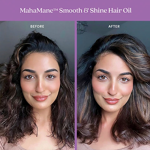 Image 1 and 2, mahamane smooth and shine hair oil before and after. image 3, the mahamane ritual. all hair types, no silicones, cruelty free, vegan formula
