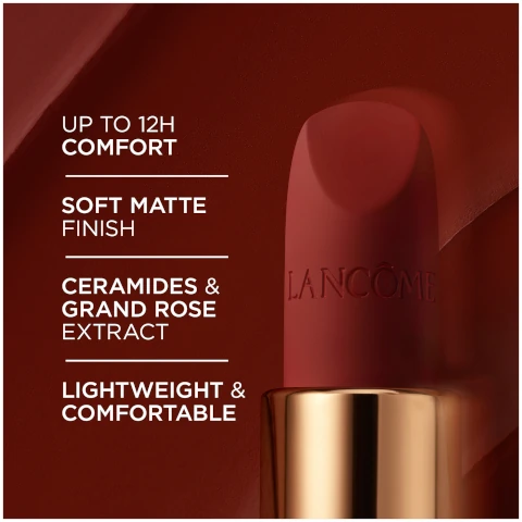 up to 12 hour comfort, soft matte finish, ceramides and grand rose extract, lightweight and comfortable.