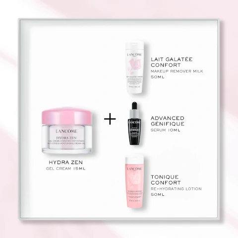 Hydra zen gel cream 15ml and lait galatee confort makeup remover milk 50ml, advanced genifique serum 10ml and tonique confort re hydrating lotion 50ml