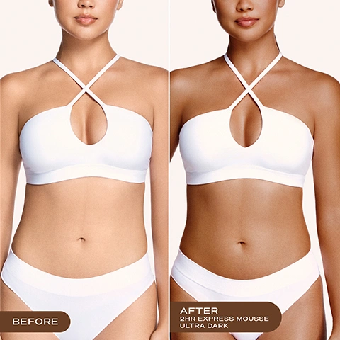 Image 2 - A before and after comparison shows a persons skin changing from fair on the left, labeled BEFORE, to a deep tan on the right, labeled AFTER 2HR EXPRESS MOUSSE ULTRA DARK. Image 3 - The image presents two Loving Tan 2 HR Express self-tanning mousse bottles, an old design on the left labeled Deluxe Bronzing Mousse and a new design on the right labeled Self-Tanning Mousse Mousse Autobronzante, both in Ultra Dark, with the main text New Look, Same Iconic Formula, accompanied by Your favourite self-tan has an elevated new look - but with the same bestselling formula you know and love, and a note You may receive either package during this transformation. Image 4 - A dark brown bubbly surface with white text that reads: TINTED COLOUR GUIDE. Tinted formula for an effortless, streak-free application. After rinsing, the clear actives continue to develop into your most natural-looking tan. Image 5 - A persons glistening tanned leg and hip are featured, wearing light pink underwear, with a hand holding a pink bottle of Loving Tan self-tanning mousse, with visible text reading OUR #1 BEST-SELLING FORMULA, PROUDLY AUSTRALIAN MADE, Loving Tan, 2 HR Express Self Tanning Mousse Mousse Autobronzante, ULTRA DARK, PROFESSIONAL STRENGTH, FOR THE MOST NATURAL, LONG-LASTING TAN, 120 ML / 4.0 FL.OZ. Image 6 - A light pink Loving Tan 2 HR Express Self-Tanning Mousse bottle with a pump dispenser and a detached lid is shown on a white surface, with visible text including Loving Tan, 2 HR Express, Self-Tanning Mousse, Mousse Autobronzante, ULTRA DARK, three brown dots, PROFESSIONAL STRENGTH, FOR THE MOST NATURAL-LOOKING TAN, e 120 ML | 4.0 FL OZ, Professional strength, 100% Ecocert naturally derived DHA, The most natural-looking tan, Quick drying, and Industry-leading express tanning technology. Image 7 - Three arms with varying skin tones (pale, medium, and dark) display three rectangular swatches each, demonstrating different self-tanner shades, with the text Which Tan Shade Should I Choose? Results shown are 24 hours after application. From top to bottom, the pale arm shows Ultra Dark, Dark, Medium; the medium arm shows Medium, Dark, Ultra Dark; and the dark arm shows Ultra Dark, Dark, Medium. Image 8 - A diagram titled Tanning Time shows a clock graphic indicating 2 HRS Rinse off and 24 HRS Tan development, with additional text that reads RINSE AFTER 2 HOURS, DARKENS/DEVELOPS INTO FINAL RESULT IN 24 HOURS, After rinsing off the tinted colour guide, your colour continues to darken and develop for up to 24 hours into your final, natural-looking tan.