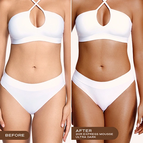 Image 2 - A womans torso wearing a white bikini is shown in a before and after comparison, with her skin on the left appearing pale and on the right appearing deeply tanned, with text on the bottom left reading BEFORE and text on the bottom right reading AFTER 2HR EXPRESS MOUSSE ULTRA DARK. Image 3 - The image shows two self-tanning mousse bottles, an older pink and white design on the left and a new uniform light pink design on the right with an arrow between them, accompanied by the text New Look, Same Iconic Formula Your favourite self-tan has an elevated new look - but with the same bestselling formula you know and love, plus bottle text Loving Tan 2 HR EXPRESS DELUXE BRONZING MOUSSE PROFESSIONAL STRENGTH NATURAL OLIVE COLOUR QUICK DRY & BRONZERS for the old package, and Loving Tan 2 HR Express Self-Tanning Mousse Mousse Autobronzante ULTRA DARK for the new package, concluding with You may receive either package during this transformation. Image 4 - A close-up of a dark brown foamy surface with many small bubbles contains the text TINTED COLOUR GUIDE Tinted formula for an effortless, streak-free application. After rinsing, the clear actives continue to develop into your most natural-looking tan. Image 5 - A person with a glowing tan, wearing light pink intimates, holds a pink bottle of Loving Tan 2 HR Express Self Tanning Mousse, with text overlay reading OUR #1 BEST-SELLING FORMULA and a circular logo stating PROUDLY AUSTRALIAN MADE. Image 6 - A pink bottle of Loving Tan 2 HR Express Self-Tanning Mousse with a pump dispenser and a separate matching cap is displayed alongside several descriptive text callouts; the visible text on the bottle and callouts reads Loving Tan 2 HR Express Self-Tanning Mousse Mousse Autobronzante ULTRA DARK PROFESSIONAL STRENGTH FOR THE MOST NATURAL-LOOKING TAN e 120 ML | 4.0 FL OZ Professional strength 100% Ecocert naturally derived DHA The most natural-looking tan Quick drying Industry-leading express tanning technology. Image 7 - Three arms with different skin tones display rectangular swatches of self-tanner, labeled Ultra Dark, Dark, and Medium, under the text Which Tan Shade Should I Choose? Results shown are 24 hours after application. The swatches on the left arm are Ultra Dark, Dark, Medium from top to bottom, the middle arm shows Medium, Dark, Ultra Dark from top to bottom, and the right arm shows Ultra Dark, Dark, Medium from top to bottom. Image 8 - A diagram titled Tanning Time shows a clock graphic with a pink section labeled 2 HRS Rinse off and a dark brown section labeled 24 HRS Tan development, followed by text that reads: RINSE AFTER 2 HOURS, DARKENS/DEVELOPS INTO FINAL RESULT IN 24 HOURS After rinsing off the tinted colour guide, your colour continues to darken and develop for up to 24 hours into your final, natural-looking tan.
