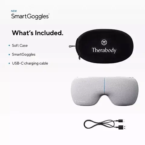 Image 1, new smart goggles. what's included: soft case, smart goggles, USB - C charging case. Image 2, more relaxation, better sleep. smart relax mode with smart sense technology to physically lower heart rate and help reduced stress and anxiety. track your results in the therabody app. Image 3, portable, foldable design for relaxation wherever you go. Image 4, benefits provide relaxation for the eyes and face and relief for headaches and migraines. Image 5, multiple modalities vibration, massage and heat. three modes: focus, smart relax and sleep for custom mind and body wellness. Image 6, bluetooth enabled with the therabody app to deliver an integrated holistick wellness solution. image 7, improved sleep in scientific research. sleep score validated.