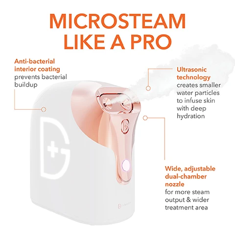 Image 1, microsteam like a pro. anti bacterial interior coating prevents bacterial build up. ultrasonic technology, creates smaller water particles to infuse skin with deep hydration. wide, adjustable dual chamber nozzle for more steam output and wider treatment area. Image 2, two unique heat settings. orange lower heat setting for more sensitive skin and skin new to steaming. pink warmer heat setting for normal to oily skin and skin used to steaming.