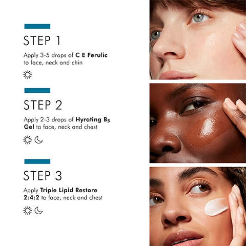 Step 1: Apply 3-5 drops of C E Feruclic to face, neck and chin. Step 2: Apply 2-3 drops of hydrating B5 gel to face, neck and chest. Step 3:  Apply triple liquid restore 2:4:2 to face, neck and chest