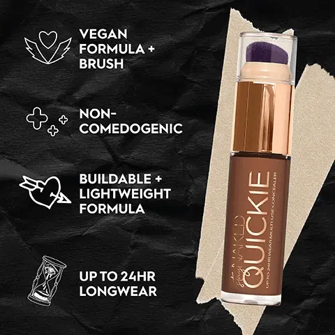Image 1, vegan formula and brush, non comedogenic, buildable and lightweight formula and up to 24H longwear. Image 2, model shot images acne, dark circles, puffy eyes and blemishes. Image 3, tap it and buff it. Image 4, model arm swatches of all shades
