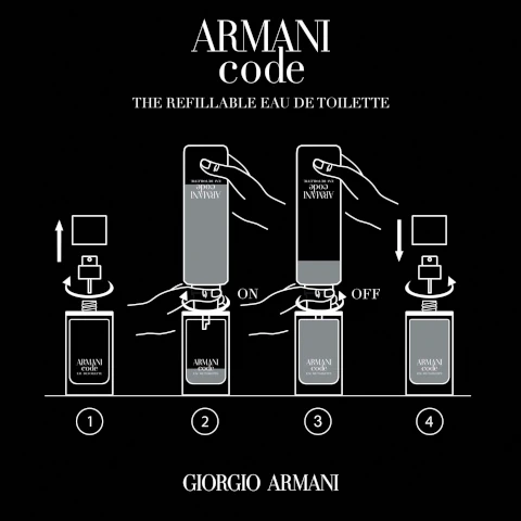 how to refill your armani code. 1 = unscrew your bottle. 2 = twist the refill clockwise onto your bottle. 3 = twist anti clockwise to unscrew. 4 = put the spray pump back on your bottle