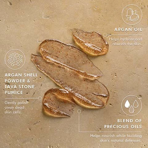 Image 1, argan oil, helps hydrate and nourish the skin. argan shell powder and lava stone pumice, gently polish away dead skin cells. blend of precious oils, helps nourish while building skin's natural defenses. Image 2, how to use - massage into damp or dry skin, rinse off, use 2-3 times a week as needed. Image 3, pera approved, cruelty free