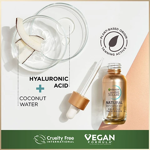 Image 1, coconut water and hyaluronic acid, cruelty free international, vegan formula. plant based origin tanning active. Image 2, mix with moisturiser for tailor made glow, 1-4 drops = sun kissed tan, 4-8 drops = golden tan, 8-12 = bronze tan. Image 3, 93% agree it is easy to use, 91% agree it provides a natural glow to their skin, 87% agree that it doesn't leave residue or streaks. Image 4, clear transparent texture. fragrance free. suitable for sensitive skin. tested under dermatological control. image 5, a strict formulation character, plant based origin tanning active, streak free, with hyaluronic acid, quick dry formula, customized gradual tan, tested under dermatological control, cruelty free international. Image 5, discover garnier's natural bronzer range.