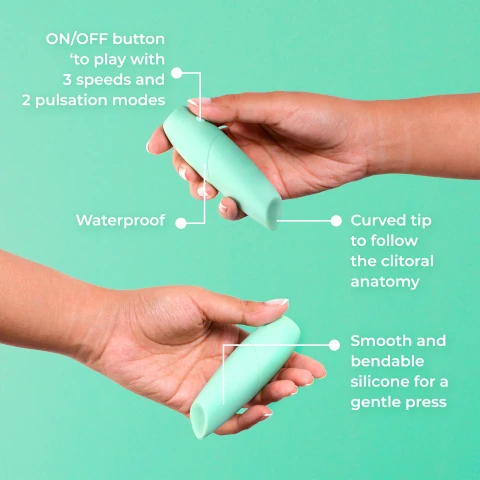 On adn off button to play with 3 speeds and 2 pulsation modes. waterproof. curved tip to follow the clitoral anatomy. smooth and bendable for a gentle press