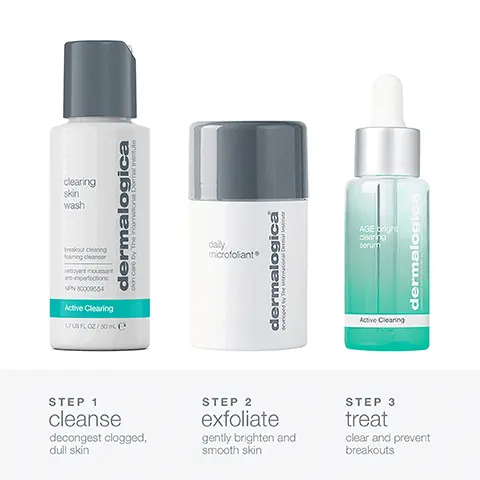 STEP 1 cleanse decongest clogged, dull skin. STEP 2 exfoliate gently brighten and smooth skin. STEP 3 treat clear and prevent breakouts. step 1 clearing skin wash, deeply decongest and purify skin, dispense a pea-sized amount, lather with wet hands, massage on wet skin and rinse. step 2 daily microfoliant, gently exfoliate, wet hands, dispense, and massage into creamy paste, rinse thoroughly. step 3 age bright clearing serum, clear and prevent breakouts, apply a thin layer after cleansing, use twice a day before, moisturizer.