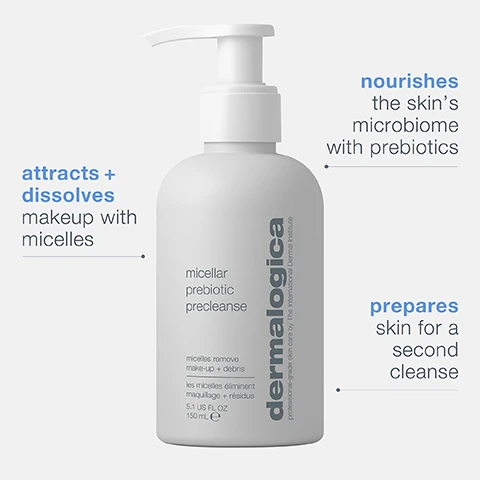 Image 1, attracts and dissolves makeup with micelles. nourishes the skin's microbiome with prebiotics. prepares skin for a second cleanse. image 2, murumuru butter = effectively cleanses skin. prebiotics blend = balances skin's microbiome and boosts moisture retention. cotton seed protein = conditions skin and helps fortify its skin barrier after wash off.