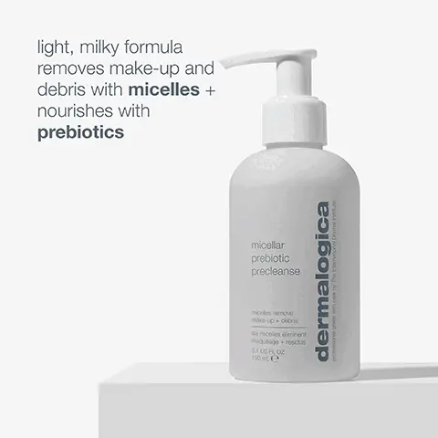 Image 1: light milky formula removes makeup and debris micelles and nourishes with prebiotics. Image 2: massage over dry skin