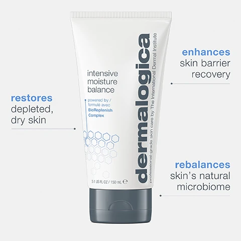 Image 1, restores depleted dry skin. enhances skin barrier recovery. rebalances skin's natural microbiome. image 2, bioreplenish complex = nourishes the skin's barrier. hyaluronic acid = locks in hydration and enhances skin's moisture content. prebiotics chlorella algae complex = rebalances the skin's microbiome. image 3, new jumbo size available.