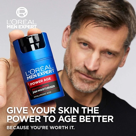 Image 1 - A man with short, styled hair holds a blue skincare product labeled LOréal Men Expert Power Age Revitalising 24H Moisturiser with visible text saying GIVE YOUR SKIN THE POWER TO AGE BETTER BECAUSE YOURE WORTH IT.
              Image 2 - Image of a blue container of LOréal Men Expert Power Age Moisturiser with a black top, displaying benefits such as firms and protects skin, intense hydration, fresher feeling, and reduces appearance of wrinkles, alongside the product name and Revitalising 24H Moisturiser label.
              Image 3 - A man is applying a skincare product to his cheek, with text on the image stating EASY TO APPLY AND GENTLE ON SKIN, and check marks indicating NON-STICKY, NON-GREASY, LIGHTWEIGHT FORMULA, and QUICKLY ABSORBED.
              Image 4 - Close-up of a droplet of hyaluronic acid with bubbles on a blue background, featuring text that reads POWERED BY [HYALURONIC ACID] HELPS REDUCE APPEARANCE OF FINE LINES AND WRINKLES BY LOCKING IN ESSENTIAL MOISTURE.