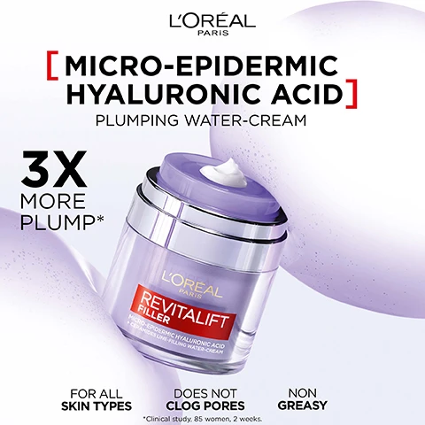 Image 1 - A jar of LOreal Revitalift Filler Plumping Water-Cream with a purple lid is shown beside a light purple background, featuring text that reads MICRO-EPIDERMIC HYALURONIC ACID PLUMPING WATER-CREAM, 3X MORE PLUMP*, FOR ALL SKIN TYPES*, DOES NOT CLOG PORES, NON GREASY, and a note about a clinical study.
              Image 2 - An image of a LOréal Paris skincare product labeled Revitalift Filler, featuring a light purple jar with silver accents, surrounded by water droplets and swirl patterns, includes text highlighting key ingredients: Micro-Epidermic Hyaluronic Acid, Niacinamide & Glycerin, and Ceramides for skin benefits.
              Image 3 - An image showing two skincare products from LOréal Paris on a watery background; the left container is a cream labeled Revitalift Filler, and the right is a serum labeled Revitalift with arrows pointing to each product indicating Locks in hydration for the cream and Replumps skin for the serum, with the text Pair with serum above.