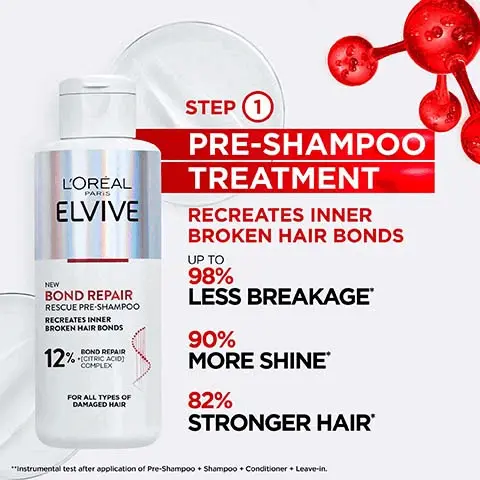 Image 1, step 1 = pre shampoo treatment, re-creates inner broken hair bonds, up to 98% less breakage, 90% more shine, 82% stronger hair. Image 2, how to use, apply to wet hair before shampooing, for optimal results leave on for 5 minutes, rinse and follow with bond repair shampoo and conditioner. Image 3, before and after with no retouch. for all types of damaged hair: breakage, split ends, frizz, dryness and dullness.