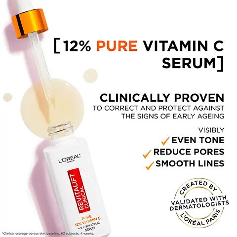 Image 1, Clinically proven results validated by dermatologists before and after model shot, skin looks brighter and smoother. Image 2, 12% pure vitamin C- the puriest and most potent form recommended by dermatologists. Salicylic acid known to help reduce pores and smooth skin texture. Vitamin E known to boost the antioxidant power of vitamin C. Image 3, Our most stable vitamin C formula. Vitamin C is known to degrade overtime. Our innovative formulation helps to keep this serum potent from the first to the last drop, over time formula may change colour. This does not impair the product efficacy.Image 4, 12% pure Vitamin C serum, clinically proven to correct and protect against the signs of early ageing. Visibly even tone, reduce pores and smooth lines