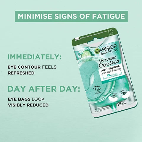 Image 1, minimise signs of fatigue, immediately eye contour feels refreshed. day after day eye bags look visibly reduced. Image 2, anti fatigue jelly patches. cruelty free, vegan formula, home compostable sheet mask. hyaluronic acid and icy cucumber. Image 3, discover the cryo jelly range for an instant boost of freshness