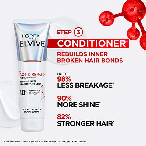 Image 1 - A white tube of LOréal Elvive Bond Repair Conditioner is shown with creamy white swirls and a red molecular structure graphic, featuring the text LOréal Paris Elvive NEW BOND REPAIR CONDITIONER REBUILDS INNER BROKEN HAIR BONDS 10% BOND REPAIR +[CITRIC ACID] COMPLEX FOR ALL TYPES OF DAMAGED HAIR STEP 3 CONDITIONER REBUILDS INNER BROKEN HAIR BONDS UP TO 98% LESS BREAKAGE* 90% MORE SHINE* 82% STRONGER HAIR* *Instrumental test after application of Pre-Shampoo + Shampoo + Conditioner. Image 2 - The image displays a four-panel hair treatment advertisement, with three panels showing before and after comparisons of blonde, brown wavy, and curly brown hair, labeled BEFORE and BONDED NO RETOUCH, highlighting improved smoothness and definition, alongside a fourth panel with text FOR ALL TYPES OF DAMAGED HAIR BREAKAGE SPLIT ENDS FRIZZ DRYNESS DULLNESS. Image 3 - The image shows a red molecular structure with spheres and transparent tubes on a white background, along with the text LORÉAL PARIS ELVIVE BOND REPAIR WITH 10% CITRIC ACID COMPLEX PENETRATES DEEP INTO THE HAIR CORTEX TO REBUILD INNER BROKEN BONDS. Image 4 - An image displays a LOréal Elvive Bond Repair 3-step hair care system, featuring a bottle of pre-shampoo, a bottle of shampoo, and a tube of conditioner, with text reading BOND REPAIR REBUILD BROKEN BONDS FROM INSIDE OUT, Step 1 Pre-Shampoo Treatment with 12% Citric Acid Recreates Inner Broken Hair Bonds, Step 2 Shampoo with 5% Citric Acid Gently Cleanses And Reinforces Broken Bonds, and Step 3 Conditioner with 10% Citric Acid Seals The Cuticle For Maximum Care, all LOréal Paris Elvive New products for All Types Of Damaged Hair.
