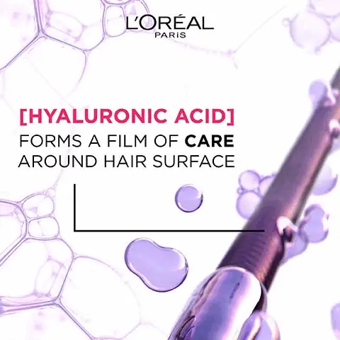 Image 1, hyaluronic acid form a film of care around hair surface. Image 2, 8 second hydration transformation. Image 3, before and after 5 times more shine, silicone free, no weigh down. Image 4, how to use, step 1 = apply directly to wet hair, only to lengths. step 2 = massage for 8 seconds. step 3 = rinse out and blow dry for best results. Image 5, hydra (hyaluronic) routine for dehydrated hair. 1 = cleanses, detangles and hydrates. 2 = rehydrates, coats with shine. 3 = boosts hydration. 4 = adds bounce and plumped look.
