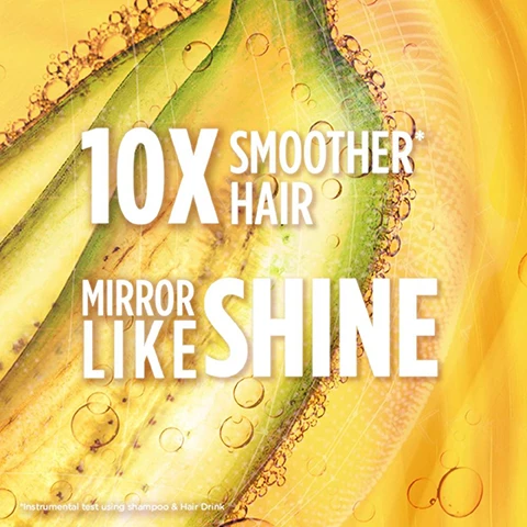 Image 1, 10 times smoother hair. mirror like shine. instrumental test using shampoo and hair drink. image 2, 97% natural origin