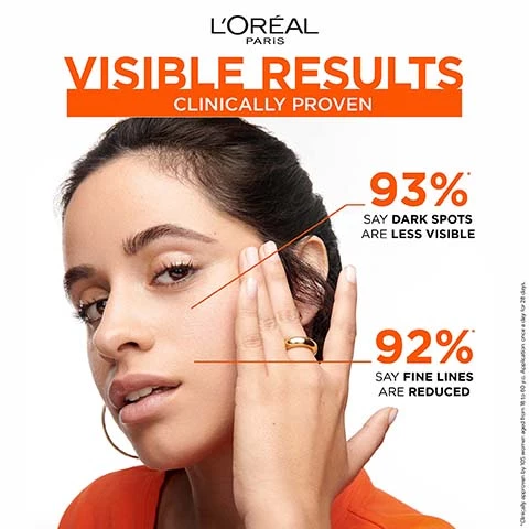 Image 1, visible results clinically proven. 93% say dark spots are less visible. 92% say fine lines are reduced. Image 2, antioxidant vitamin c protect against premature ageing caused by environmental aggressors. vitamin e boost the antioxidant efficiency. glycerin and hyaluronic acid replenish moisture. Image 3, patented netlock technology, ultra light non oily, non sticky, does not clog pores, improves makeup wear. Image 4, revitalift clinical SPF 50+ very high protection plus antioxidant vitamin c. visibly reduce lines and dark spots, invisible finish on all skin tones. Image 5, correction brighter skin less visible pores. prevention against early ageing. pair with serum for up to 4 times brighter skin.