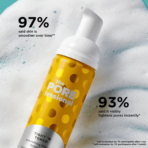 Image 1, 97% said skin is smoother over time. 93% said it visibly tightens pores instantly. Image 2, lemon extract, AHA's and PHA's helps exfolliate and tighten the look of pores and yuzu extract that helps skin feel smoother.