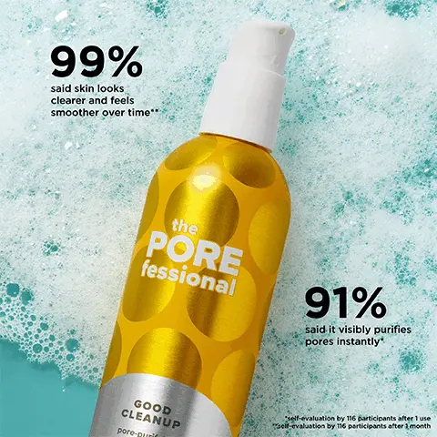 Image 1, 99% said skin looks clearer and feels smoother over time. 91% said it visibly purifies pores instantly. Image 2, Lemon extract helps pores look smaller, yuzu extract helps skin feel smoother and bisabol helps skin feel comfortable. Image 3, do you double cleanse? oil based formula, visibly clears pores and melts away oil and makeup, use daily PM before good cleanup, gel to foam formula, visibly minimizes pores and removes dirt and impurities, use daily AM and PM after get unblocked