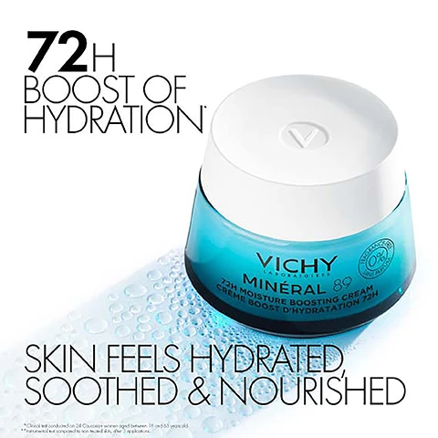 Image 1, 72 hour boost of hydration. skin feel hydrated, soothed and nourished. image 2, 95% agree skin feels hydrated all day long. image 3, 100% of women like the texture. image 4, pure hyaluronic acid = hydrates and plumps skin. 15 mineral rich water = strengthens and repairs skin's moisture barrier. vitamins B3 and E = restores skin radiance. squalane = deeply nourishes and helps the skin retain moisture. image 5, lightweight fragrance free cream for all skin types. image 6, mineral 89 fragrance free cream. 0% silicone colorant. tested dermatologist formula, suitable for sensitive skin. certified with dermatologists, developed by vichy laboratories. brand recommended by 70,000 dermatologists. image 7, allergy tested. fragrance free. paraben, silicone and colorant free.