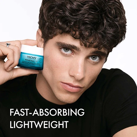 Image 1 - A young man with curly hair holds a blue jar of Vichy Mineral 89 Moisture Boosting Cream close to his face, with the text FAST-ABSORBING LIGHTWEIGHT displayed below.
              Image 2 - Image shows three jars of Vichy Mineral 89 day creams labeled with their hydration properties: 48H Matte Sorbet for oily skin, 72H Moisture Boosting Cream for all skin types, and 100H Rich Cream for dry skin, with the header Choose the Right Day Cream For Your Skin Type above.
              Image 3 - Image shows three skincare products with labeled steps: a bottle of Vichy Mineral 89 Boosting Serum, a jar of Vichy Mineral 89 72h Moisture Boosting Cream, and a tube of Vichy Mineral 89 SPF 50+ Daily Fluid, with text that reads step 1 strengthen, step 2 moisturise, and step 3 protect.