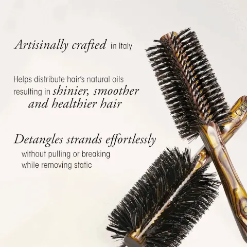 Image 1, artisinally crafted in italy, helps distrubute hair's natural oils resulting in shiner, smoother and healthier hair. detangles strands effortlessly without pulling or breaking while removing static. Image 2, crafted by multi-generation heritage italian producers, made from sustainable cellulose acetat which is derived from wood pulp, not plastic.