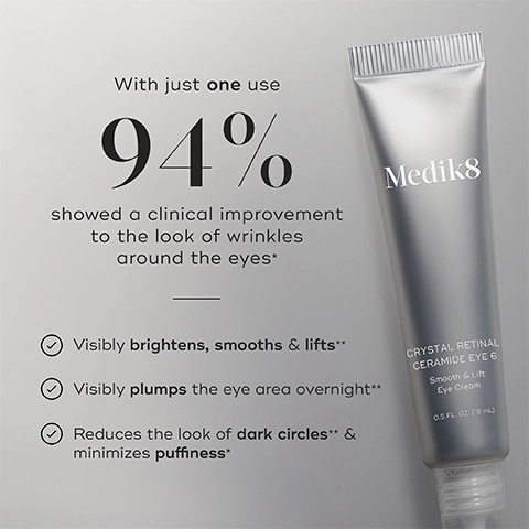 with just one use 94% showed a clinical improvement to the look of wrinkles around the eyes. Visibly brightens smooths and lifts, visibly plumps the eye area overnight and reduces the look of dark circles and minimizes puffiness