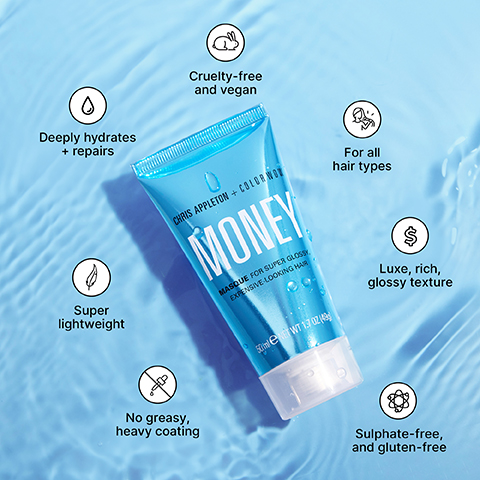 A blue tube of Chris Appleton + Color Wow Money Masque for Super Glossy Expensive-Looking Hair, 50ml e NET WT 1.7 OZ (49g) is centered on a light blue background with water ripples and droplets, surrounded by circular icons detailing its features: Cruelty-free and vegan, For all hair types, Luxe, rich, glossy texture, Sulphate-free and gluten-free, No greasy, heavy coating, Super lightweight, and Deeply hydrates + repairs.