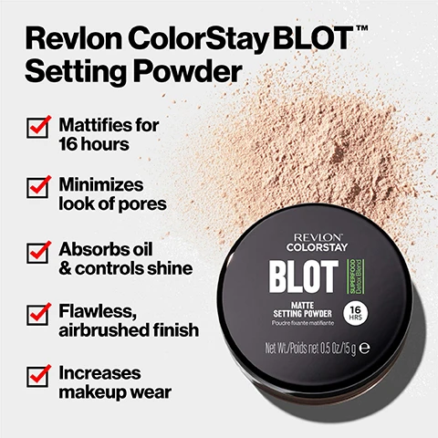Image 1, revlon color stay blot setting powder. mattified for 16 hours. minimizes look of pores. absorbs oil and controls shine. flawless, airbrushed finish. increases makeup wear. image 2, see the difference absorbs oil and controls shine. before and after. image 3, see the difference, no chalky shine free matte before and after. image 4, see the difference, blurs and perfects before and after
