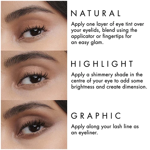 Image 1 - The image shows three close-up shots of a womans eyes with different makeup applications labeled as NATURAL, HIGHLIGHT, and GRAPHIC, along with corresponding descriptive text for each look.
              Image 2 - Image showing a swatch chart with matte and shimmer color options for makeup products; on the left, colors labeled as matte include Beige, Cashew, Sandalwood, Cedar, Wood, Sakura, Olive, and Ebony; on the right, colors labeled as shimmer include Flannel, Gold Copper, Senso, Rose Ashes, Gold Ashes, Sunset, Frost, and others with corresponding numerical codes.