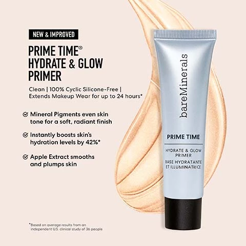 Image 1, new and improved prime time hydrate and glow primer. clean 100% cyclic silicone free, extends makeup wear for up to 24 hours. mineral pigments even skin tone for a soft, radiant finish. instantly boosts skin's hydration levels by 42%. apple extract smooths and plumps skin. *based on average results from an independent US clinical studt of 36 people. Image 2, pick your perfect prime time primer. have oily skin? mattify with original pore minimizing primer. have dry skin? moisturize and  brighten with hydrate and glow primer. have sensitive skin? calm and color correct with redness reducung primer. want protected skin? defend with daily protecting mineral SPF 30 primer.