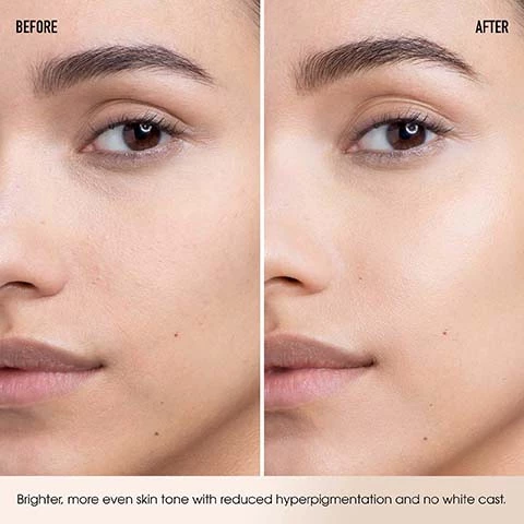 Image 1, before and after. brighter, more even skin tone with reduced hyperpigmentation and no white cast. Image 2, clinically proven to reduce hyperpigmentation over time and boost moisture for up to 24 hours. based on an independent clinical study of 30 people. Image 3, 5% phtyo-vitamin c complex. from kakadu plum to boost skin's natural radiance. gentle yet powerful. Image 4, stay safe in the sun, mineral SPF 30 for UV safety month and always.