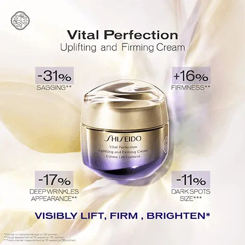 Image 1, Vital perfection uplighting and firming cream: -31% sagging, +16% firmness, -17% deep wrinkles appearance and -11% dark spots size. Image 2, Vital perfection uplighting and firming cream: Kuranai trulift complex that improves skin texture for a sculpted look, VP8 improves skin tone and brightness and reneura technology for fast anti aging results. Image 3, Vital perfection which moisturiser is right for you? Uplighting and firming cream: for normal skin. Uplighting and firming day cream SPF 30: for dry skin. Over night firming treatment for all skin types for overnight repair. Uplighting and firming cream: enriched: for dry skin or Uplighting and firming day cream SPF 30: for combination skin