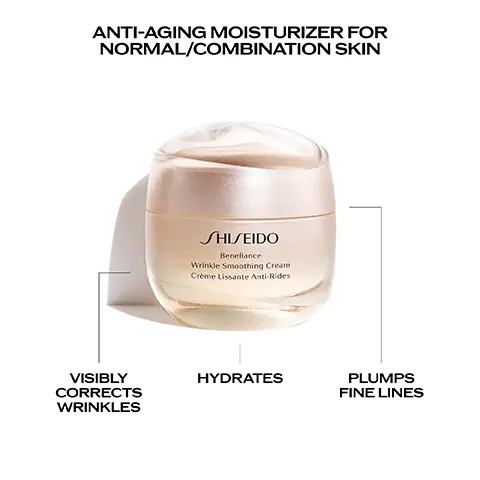 Image 1,ANTI-AGING MOISTURIZER FOR NORMAL/COMBINATION SKIN SHISEIDO Benefiance Wrinkle Smoothing Cream Crème Lissante Anti-Rides VISIBLY CORRECTS WRINKLES HYDRATES PLUMPS FINE LINES Image 2, KOMBU-BOUNCE COMPLEX A combination of Green, Brown, Red Algae & Wakame Seaweed helps decrease the appearance of wrinkles NIACINAMIDE Fortifies skin's lipid barrier and minimizes lines and wrinkles while moisturizing and soothing skin Image 3, BENEFIANCE WRINKLE SMOOTHING CREAMS SHISEIDO W Smog Ca Christens SHISEIDO We Crea Cee Listen SHISEIDO WeSmoothing Day Cream ENRICHED CREAM Dry skin 24 SILKY CREAM All skin type 24 CREAM SPF25 All skin type Image 4, 1 SERUM WRINKLE CONTOUR SERUM BENEFIANCE SHISEIDO SHISEIDO SHISEIDO 3 EYE CREAM WRINKLE SMOOTHING EYE CREAM 2 CREAM WRINKLE SMOOTHING CREAM 