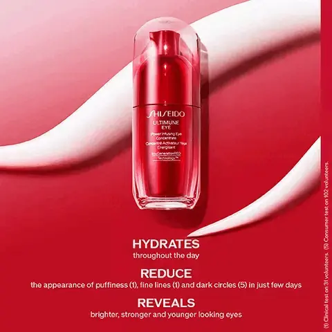 Image 1, hydrates throughout the day. reduced the appearance of puffiness, fine lines and dark circles in just a few days. reveals brighters, stronger and younger looking eyes. Image 2, heaviness and friction from daily makeup? Image 3, strengthen, cleanse clarifying cleansing foam, defend ultimine power infusing concentrate, strengthen, ultimate eye serum. Image 4, heart leaf extract stimulates the vital flow. B-blucan and fermented roselle extract, both 10 times more concentrated, boost the activity of two key defensive cells.