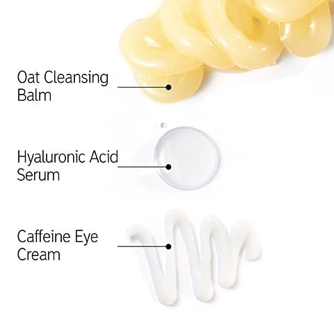 Image 1, swatches of oat cleansing balm, hyaluronic acid, caffeine eye cream. Image 2, step 1 = oat cleansing balm melts away makeup and impurities without drying the skin. 2 = hyaluronic acid serum hydrates multiple layers of the skin, helping it appear plump and smooth. 3 = caffeine eye cream instantly reduces the appearance of puffiness, dark circles and fine lines under the eyes